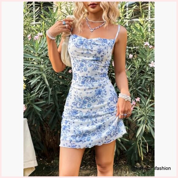 Summer Spaghetti Strap Cowl Neck Satin Mini Dress Casual Tropical Print - Picture 3 of 6